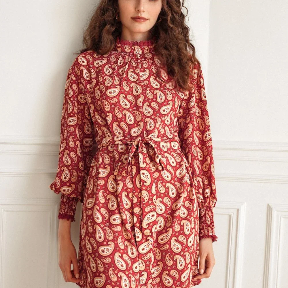 New Frenchy Paisley Print Shirred Cuff Belted Dress - Picture 8 of 8